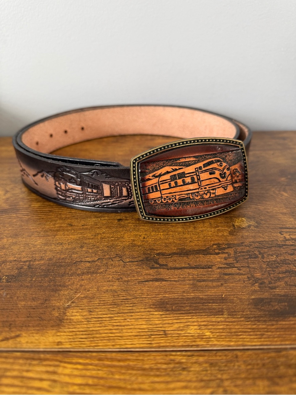 Vintage Railroad Train Tooled Leather Belt Alumaline Locomotive Buckle Western